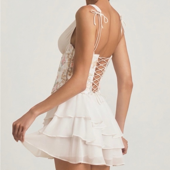 OH POLLY Sakura Embellished Ruffled Corset Mini Dress in Ivory - Picture 3 of 4